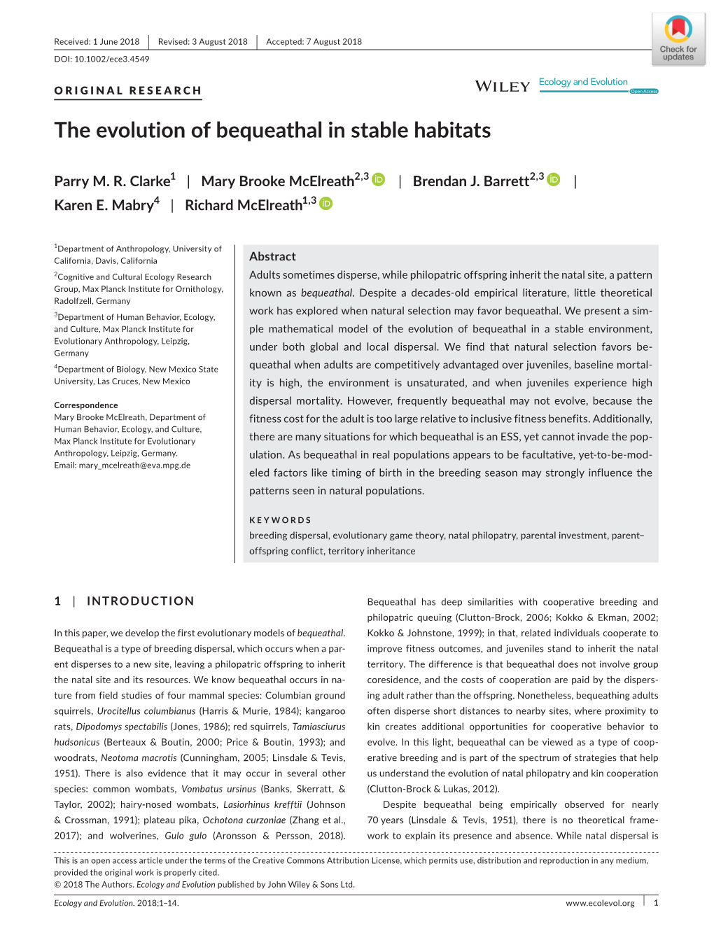 The Evolution of Bequeathal in Stable Habitats
