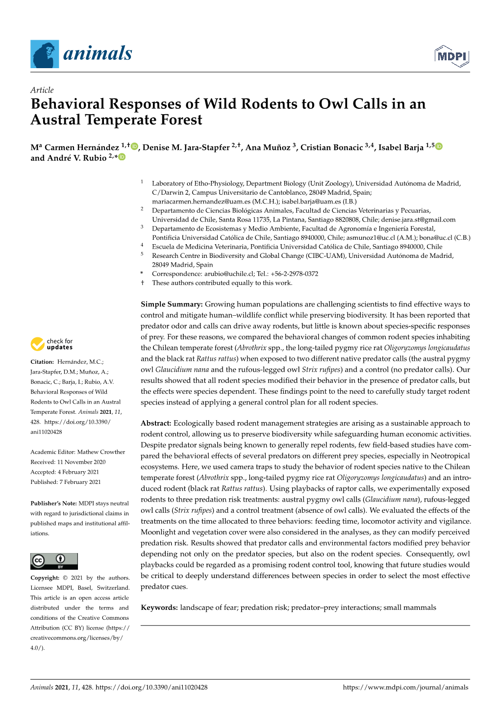 Behavioral Responses of Wild Rodents to Owl Calls in an Austral Temperate Forest