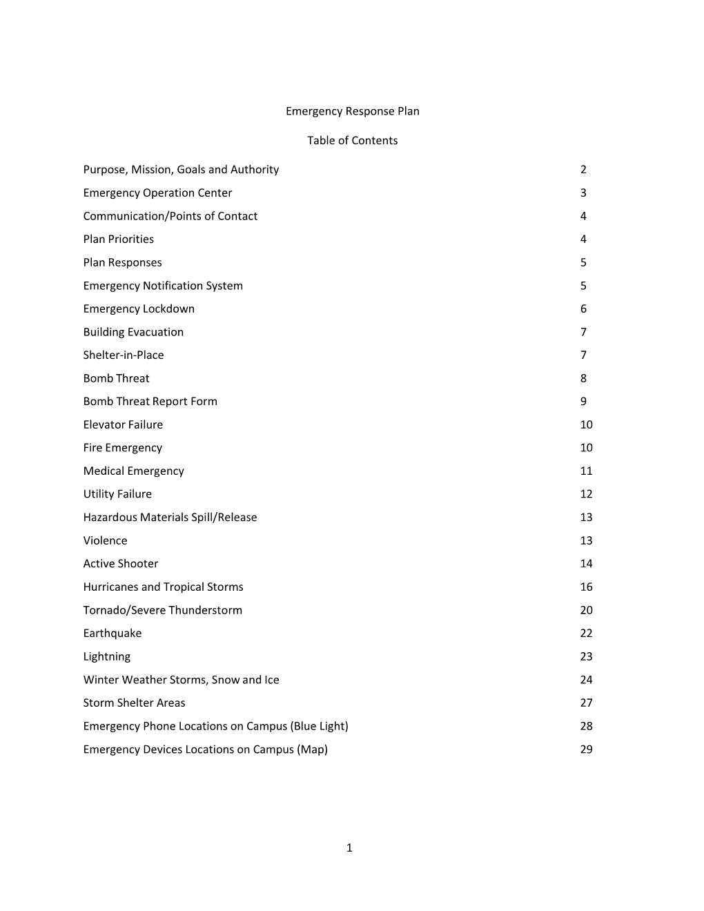 1 Emergency Response Plan Table of Contents Purpose, Mission, Goals