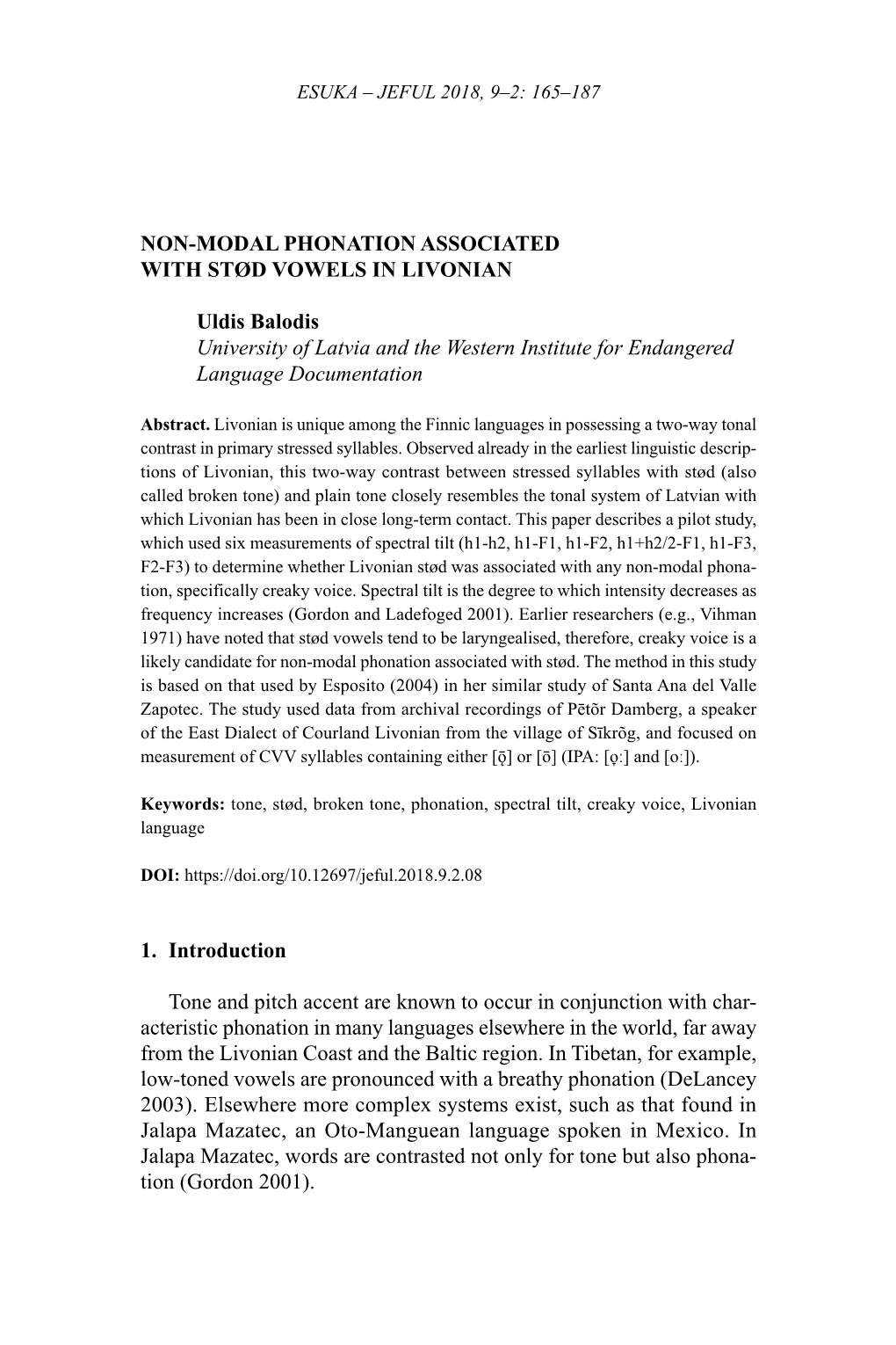 Non-Modal Phonation Associated with Stød Vowels in Livonian