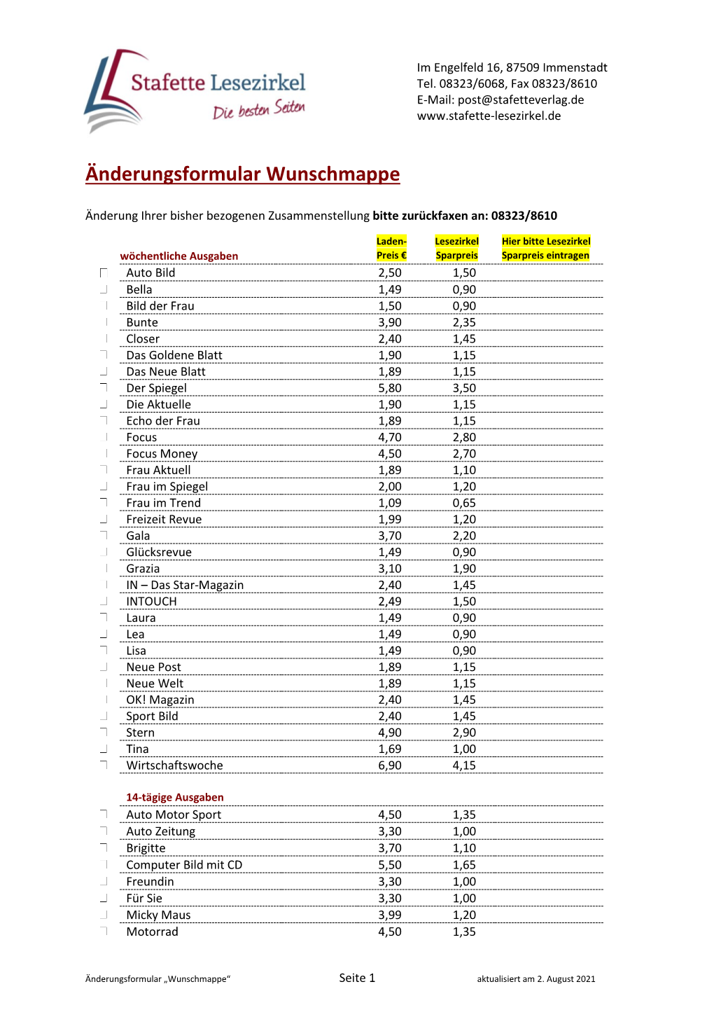 Änderungsformular Wunschmappe