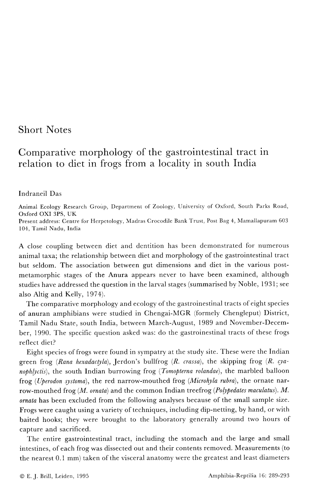 Comparative Morphology of the Gastrointestinal Tract in Relation to Diet in Frogs from a Locality in South India