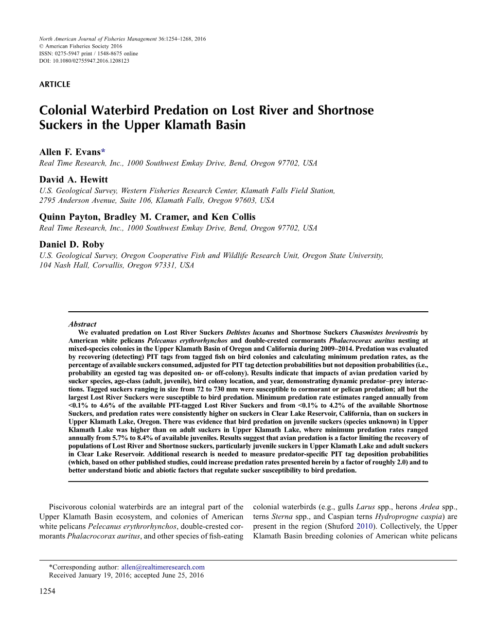 Colonial Waterbird Predation on Lost River and Shortnose Suckers in the Upper Klamath Basin