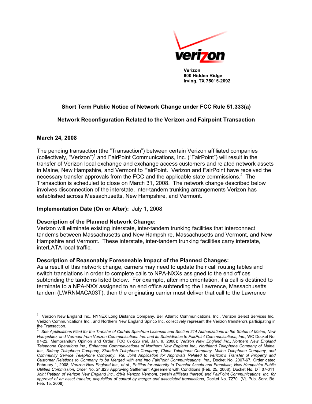 Short Term Public Notice of Network Change Under FCC Rule 51.333(A)