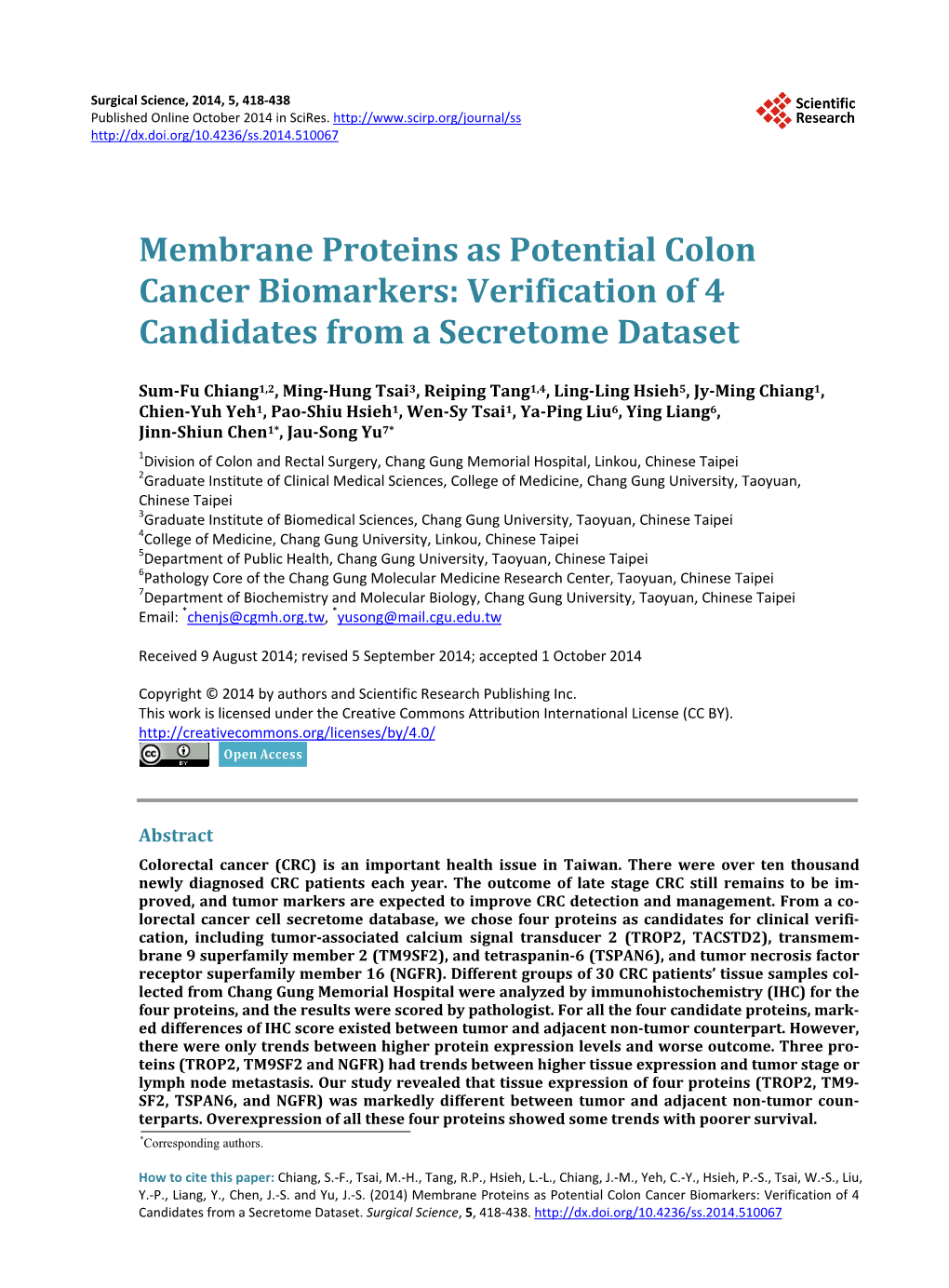 Membrane Proteins As Potential Colon Cancer Biomarkers: Verification of 4 Candidates from a Secretome Dataset