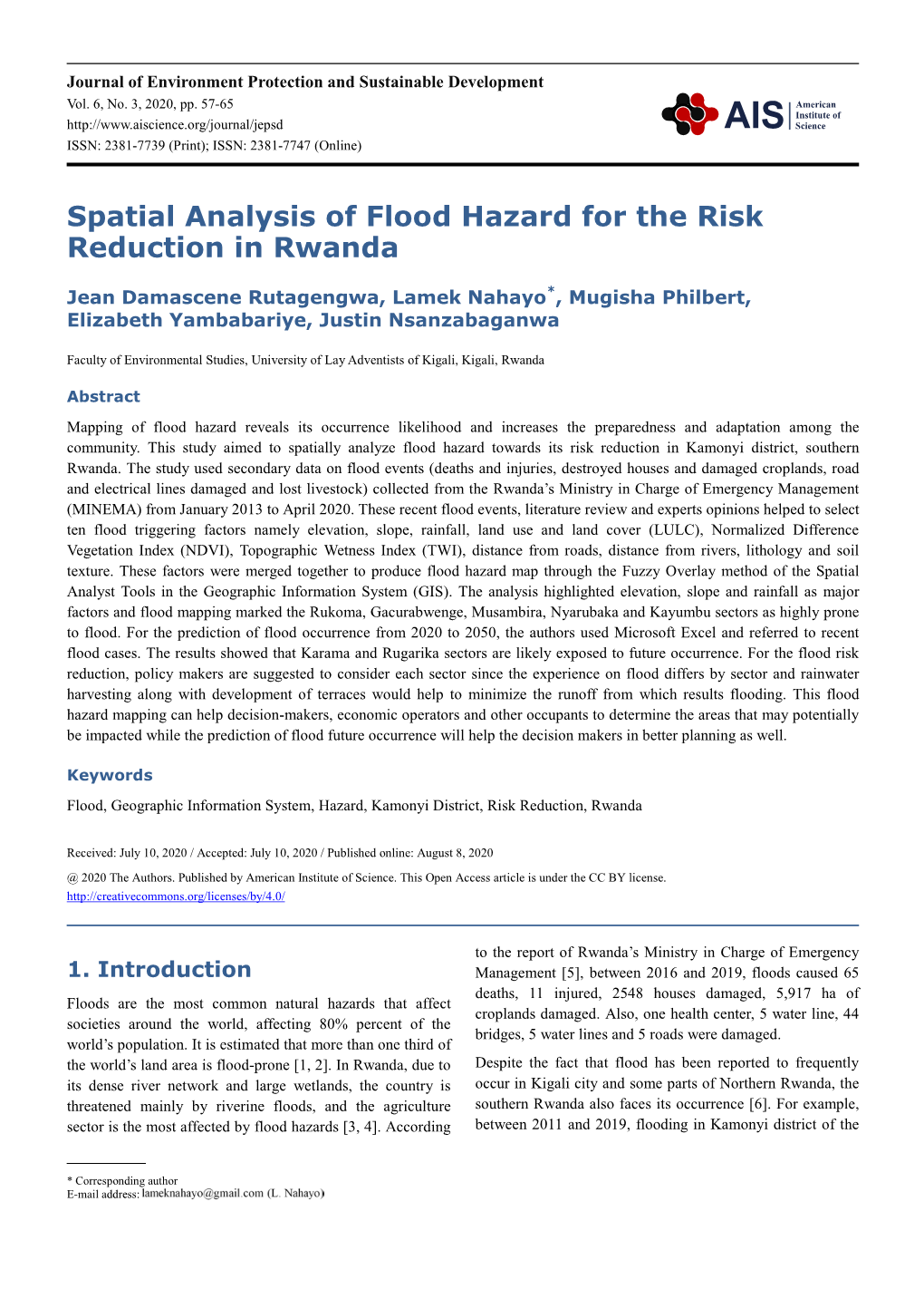 Spatial Analysis of Flood Hazard for the Risk Reduction in Rwanda
