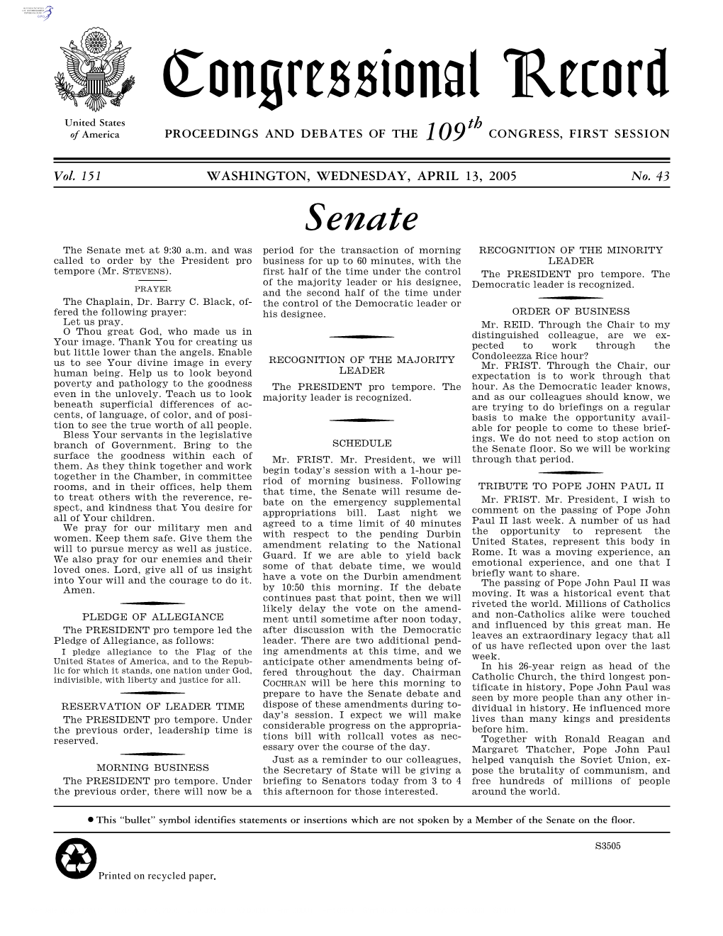 Congressional Record United States Th of America PROCEEDINGS and DEBATES of the 109 CONGRESS, FIRST SESSION