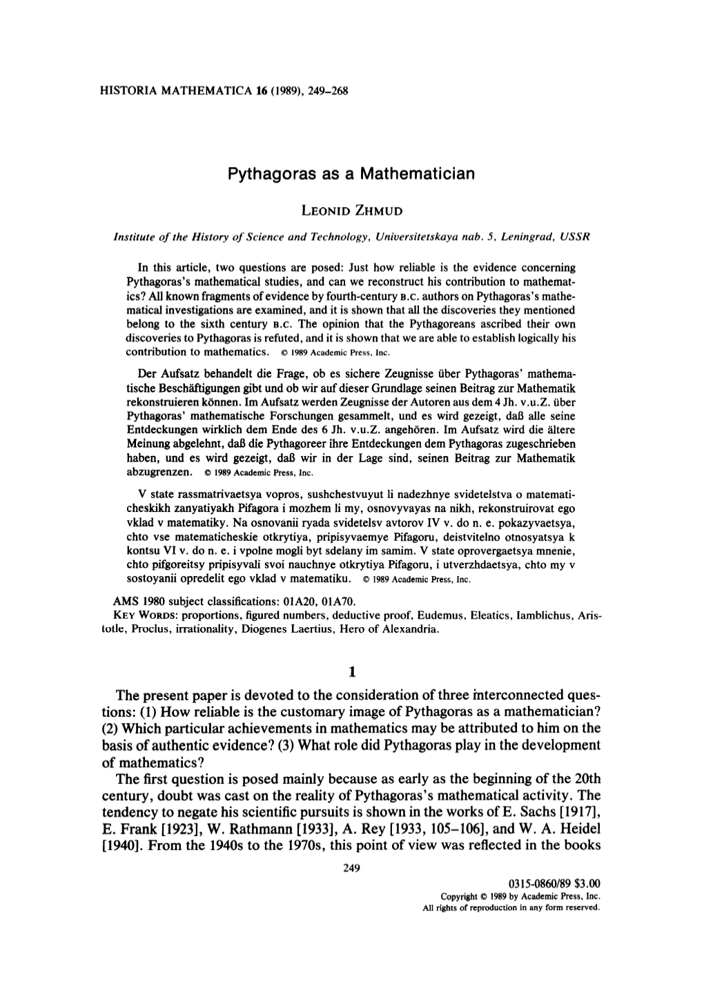 Pythagoras As a Mathematician