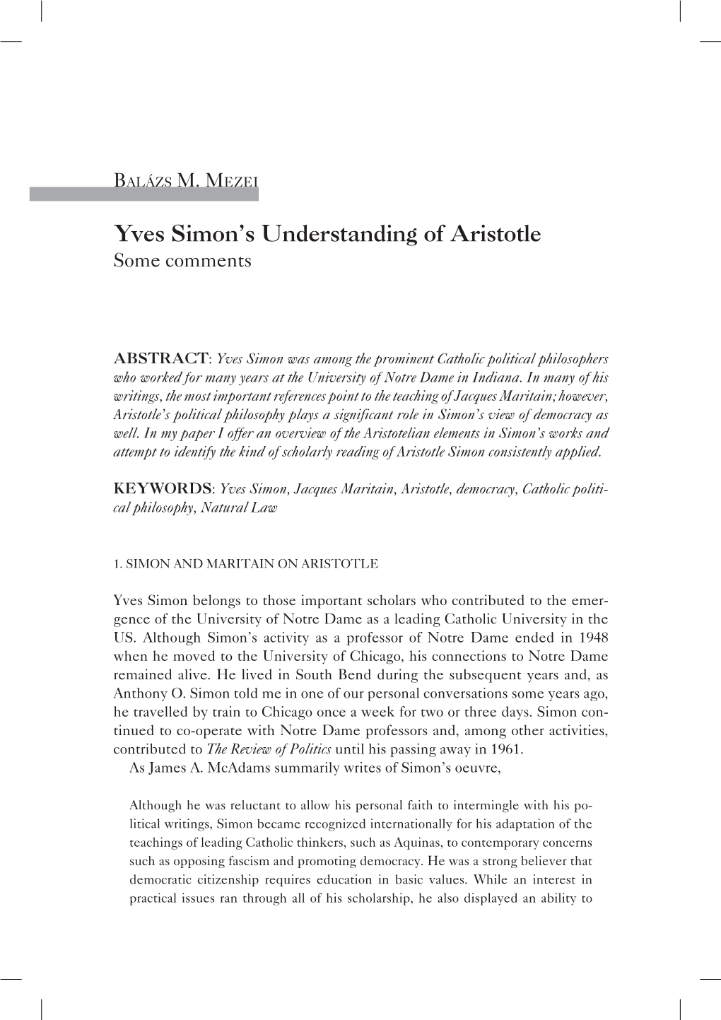Yves Simon's Understanding of Aristotle