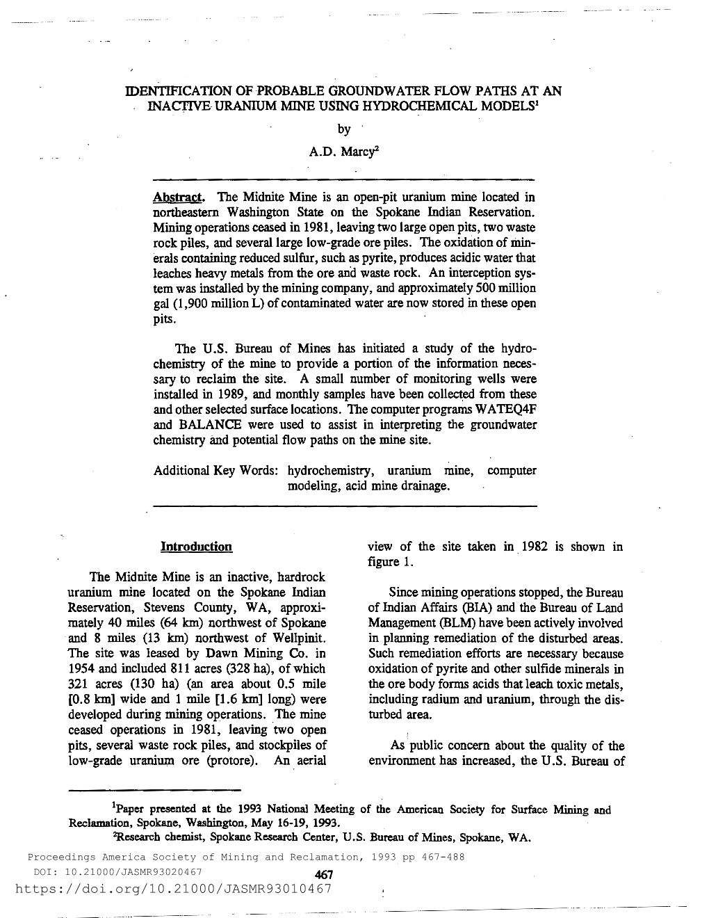 Hydrochemistry of an Inactive Uranium Mine