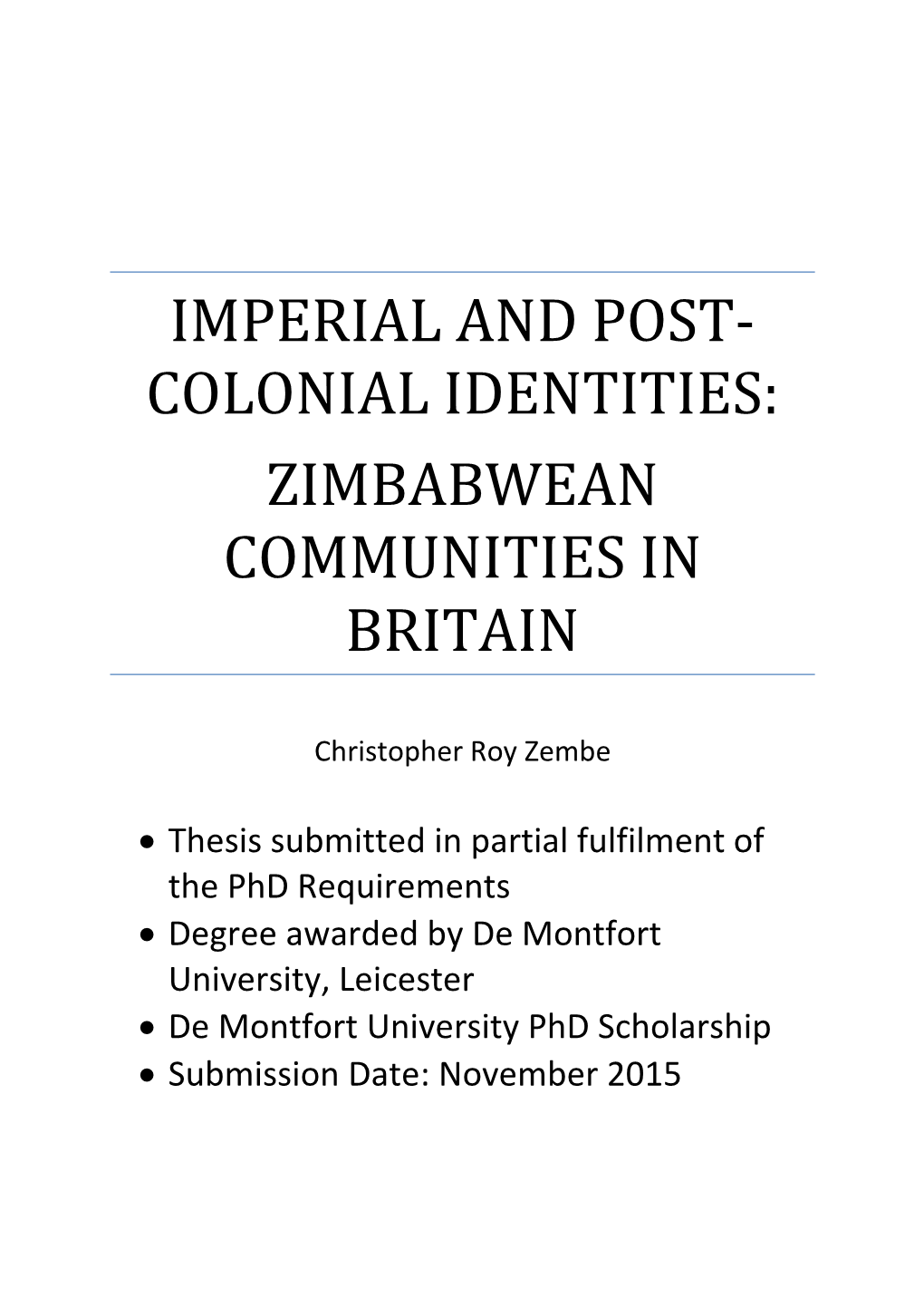 Colonial Identities: Zimbabwean Communities in Britain