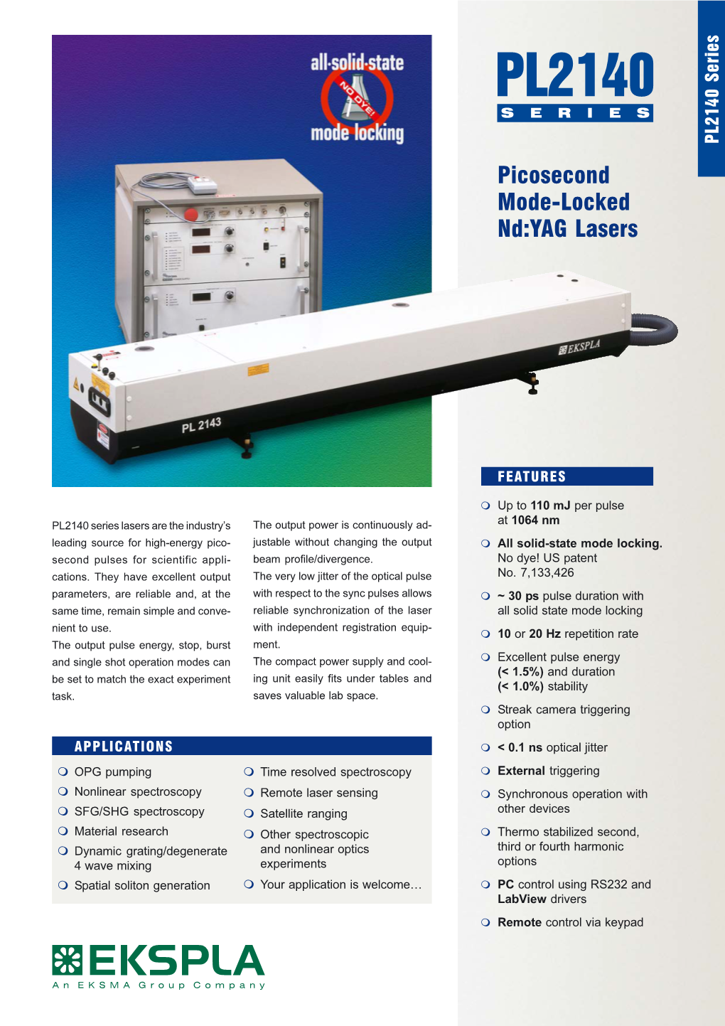 PL2140 SERIES PL2140 Series Picosecond Mode-Locked Nd:YAG Lasers
