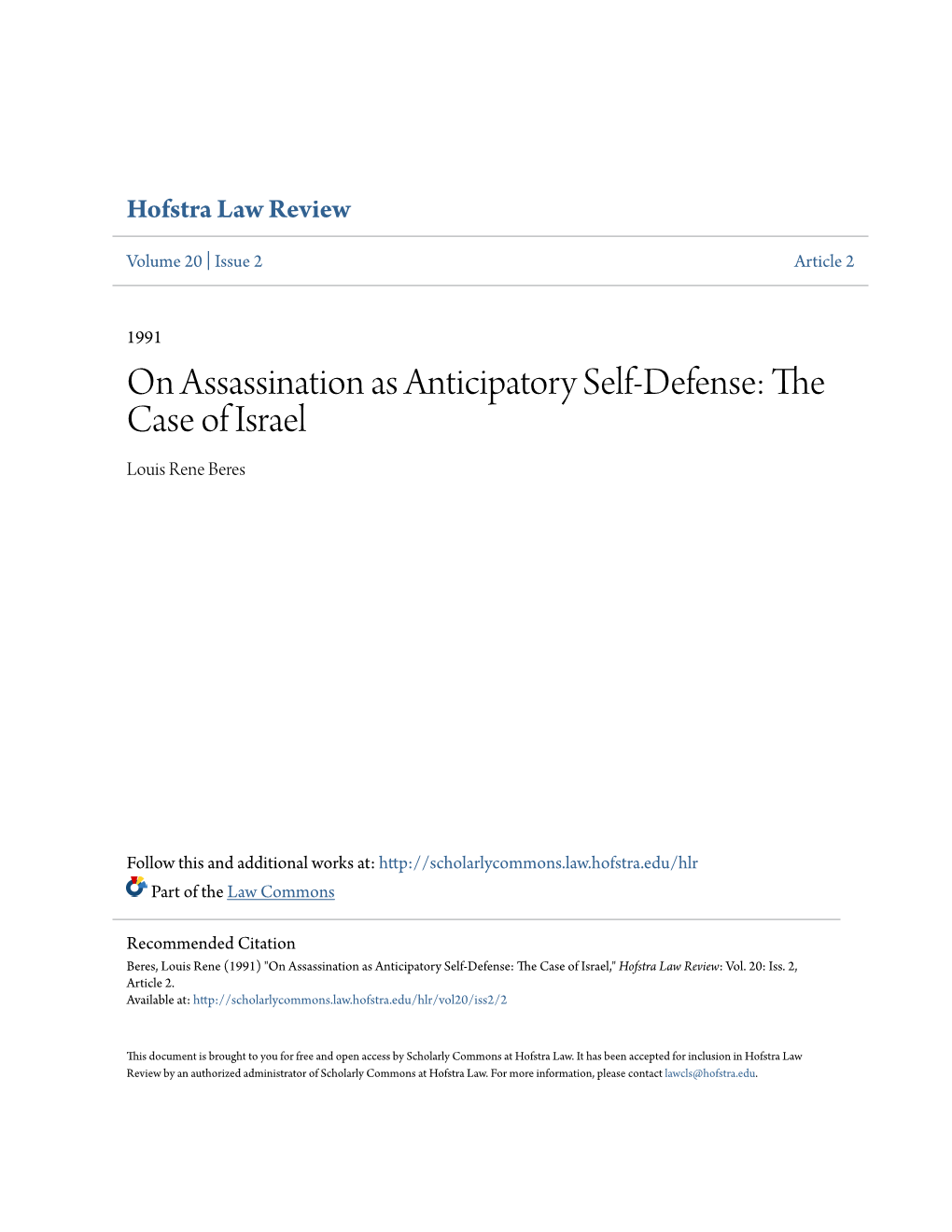 On Assassination As Anticipatory Self-Defense: the Case of Israel Louis Rene Beres