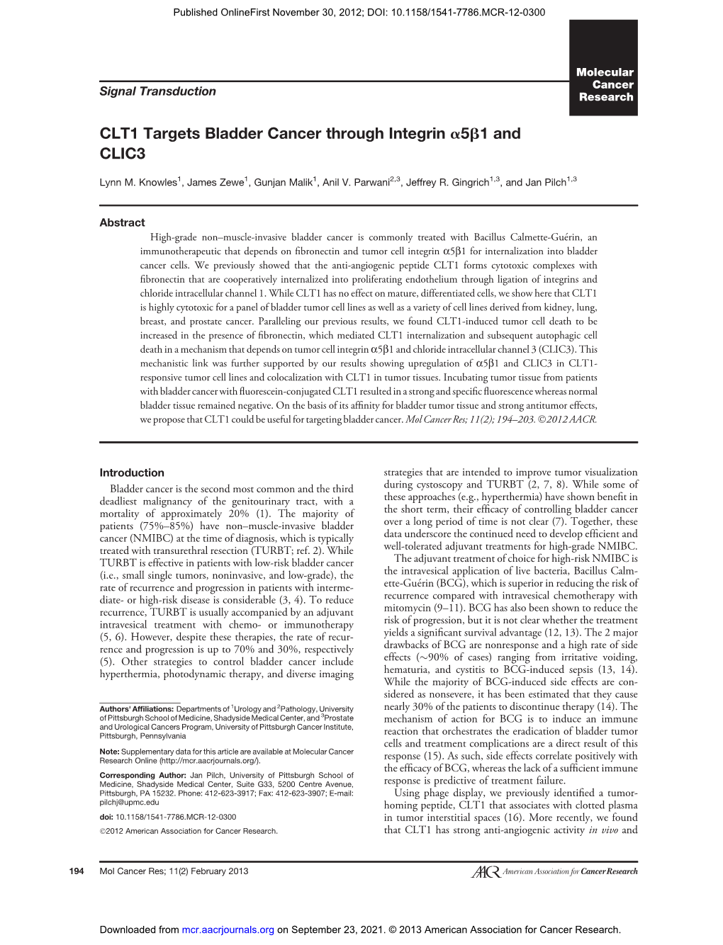 CLT1 Targets Bladder Cancer Through Integrin A5b1 and CLIC3