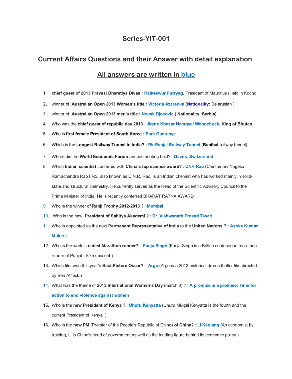 Series-YIT-001 Current Affairs Questions and Their Answer With