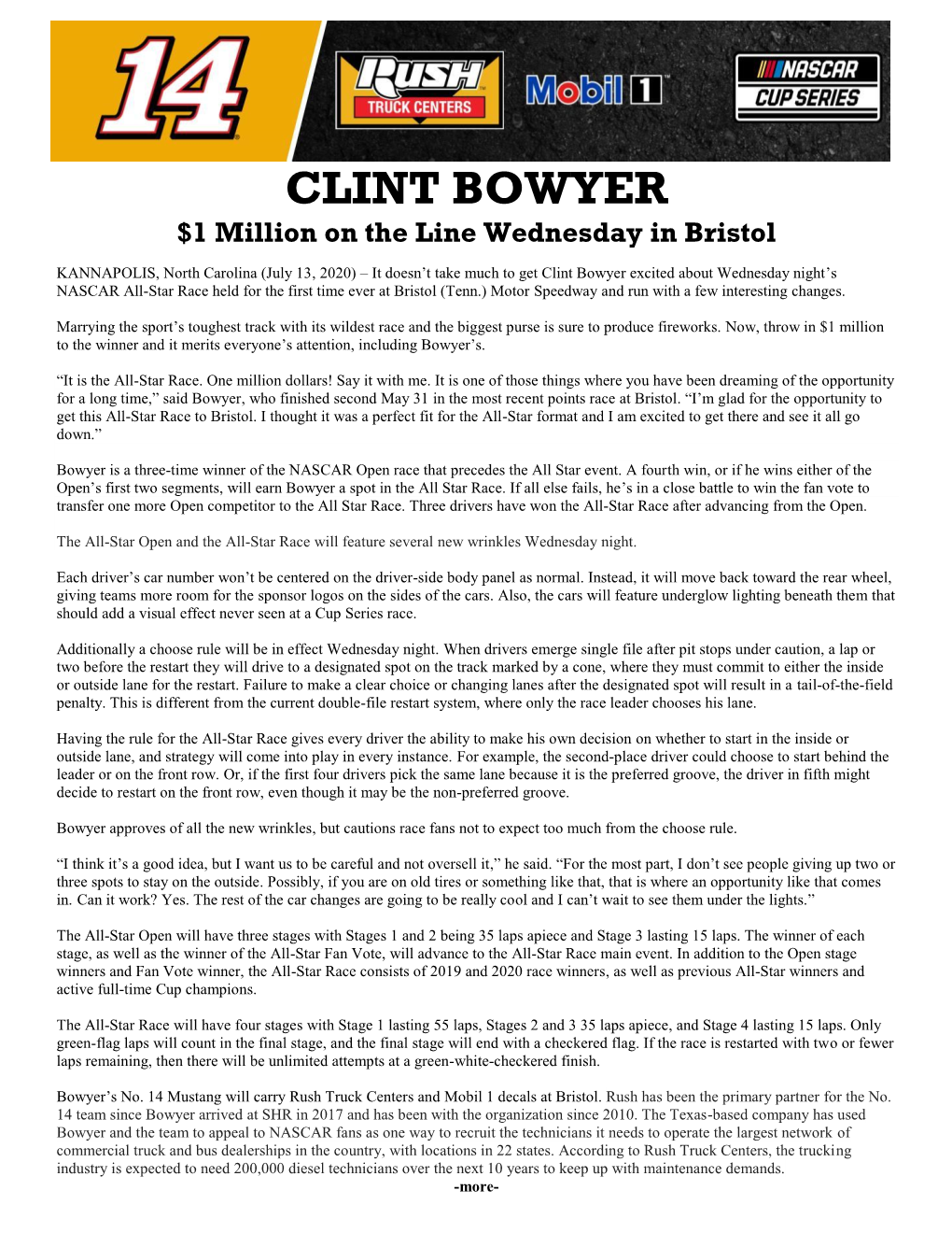 CLINT BOWYER $1 Million on the Line Wednesday in Bristol