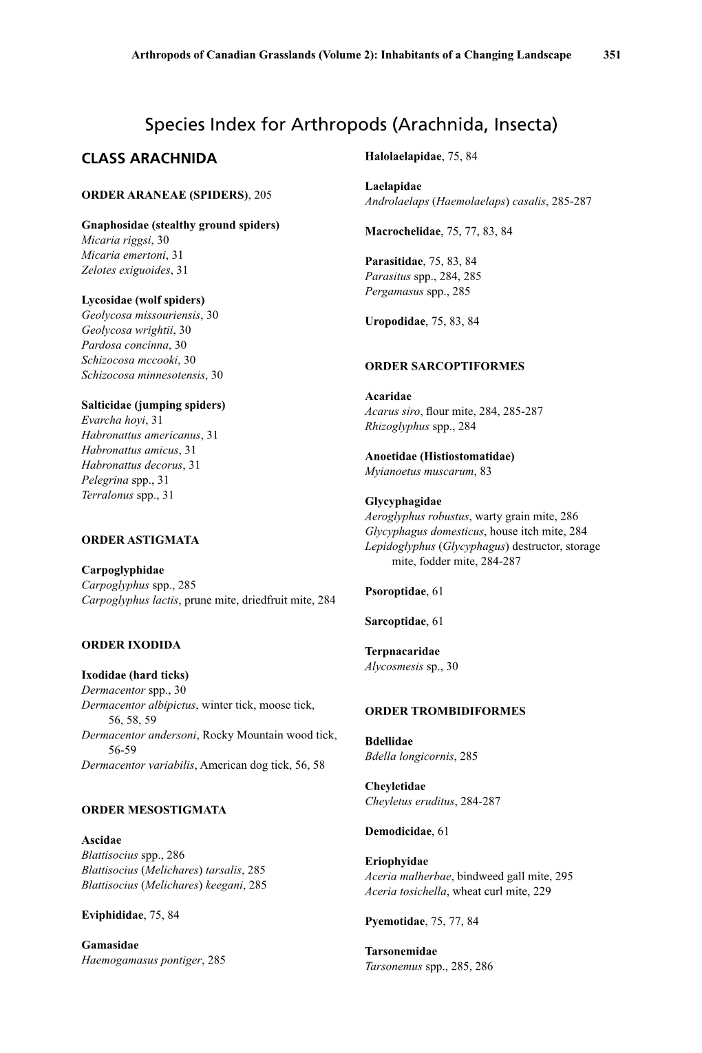 Species Index for Arthropods (Arachnida, Insecta)