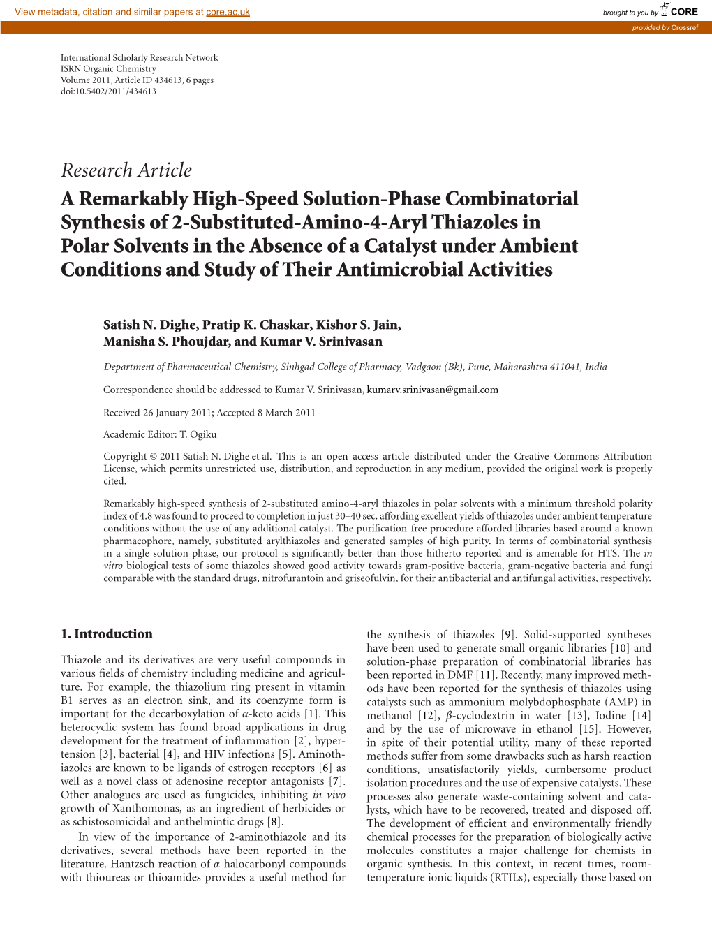 Research Article a Remarkably High-Speed Solution-Phase