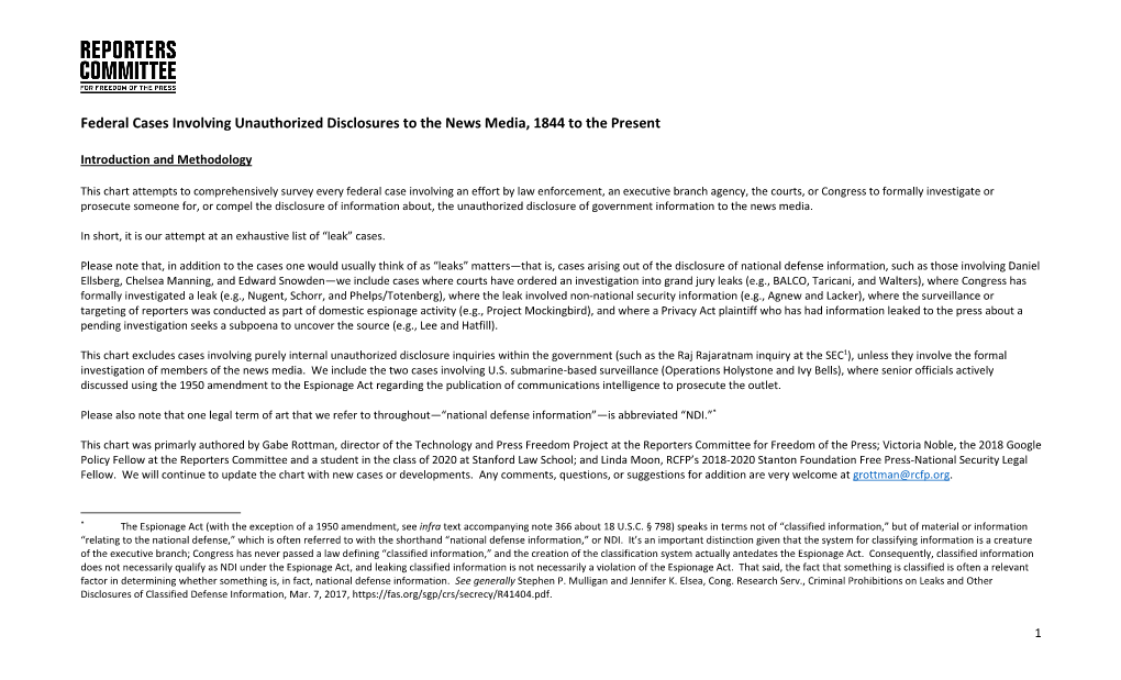 Federal Cases Involving Unauthorized Disclosures to the News Media, 1844 to the Present