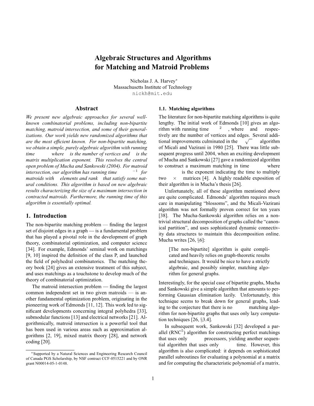 Algebraic Structures and Algorithms for Matching and Matroid Problems