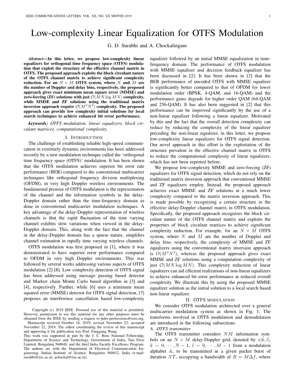 Low-Complexity Linear Equalization for OTFS Modulation G