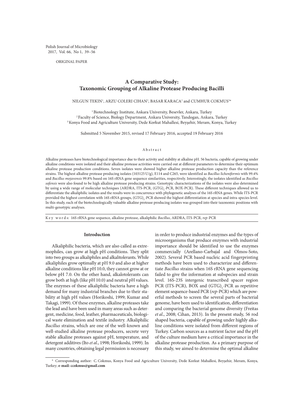 Taxonomic Grouping of Alkaline Protease Producing Bacilli