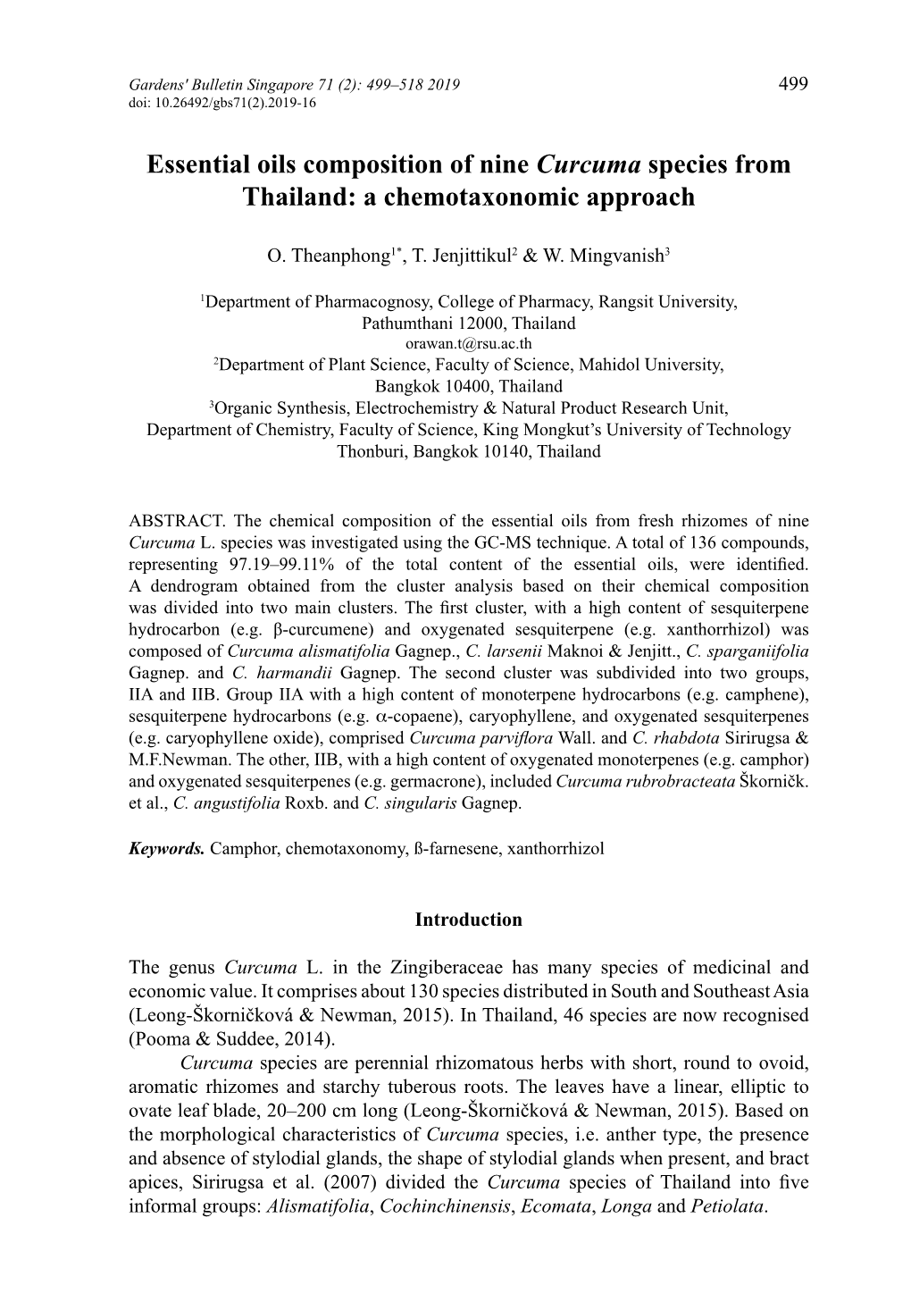 Essential Oils Composition of Nine Curcuma Species from Thailand: a Chemotaxonomic Approach