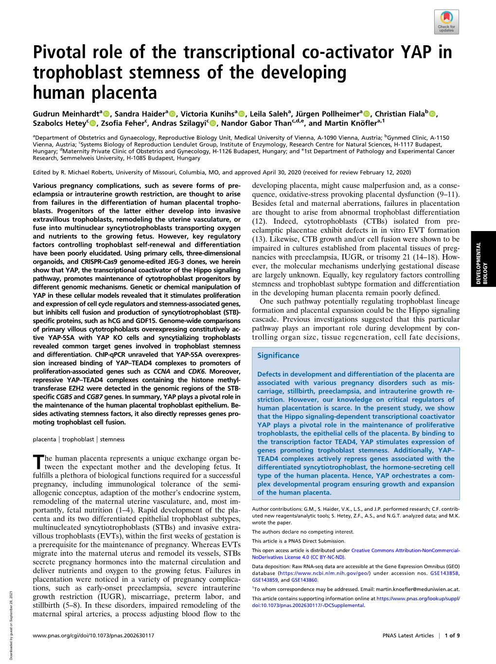 Pivotal Role of the Transcriptional Co-Activator YAP in Trophoblast Stemness of the Developing Human Placenta