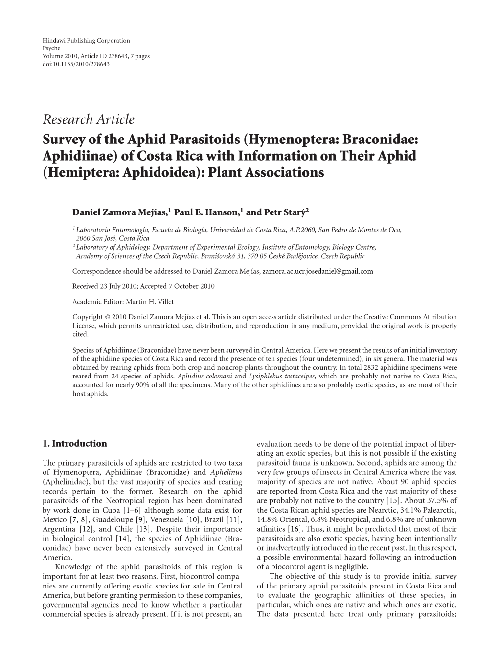 Survey of the Aphid Parasitoids (Hymenoptera: Braconidae: Aphidiinae) of Costa Rica with Information on Their Aphid (Hemiptera: Aphidoidea): Plant Associations