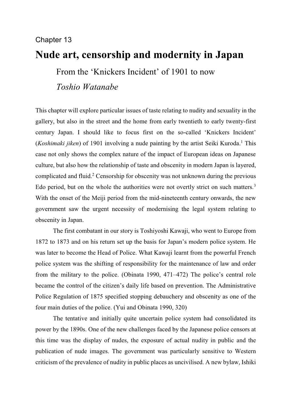 Nude Art, Censorship and Modernity in Japan from the ‘Knickers Incident’ of 1901 to Now Toshio Watanabe