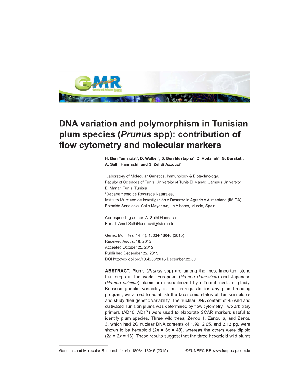 DNA Variation and Polymorphism in Tunisian Plum Species (Prunus Spp): Contribution of Flow Cytometry and Molecular Markers