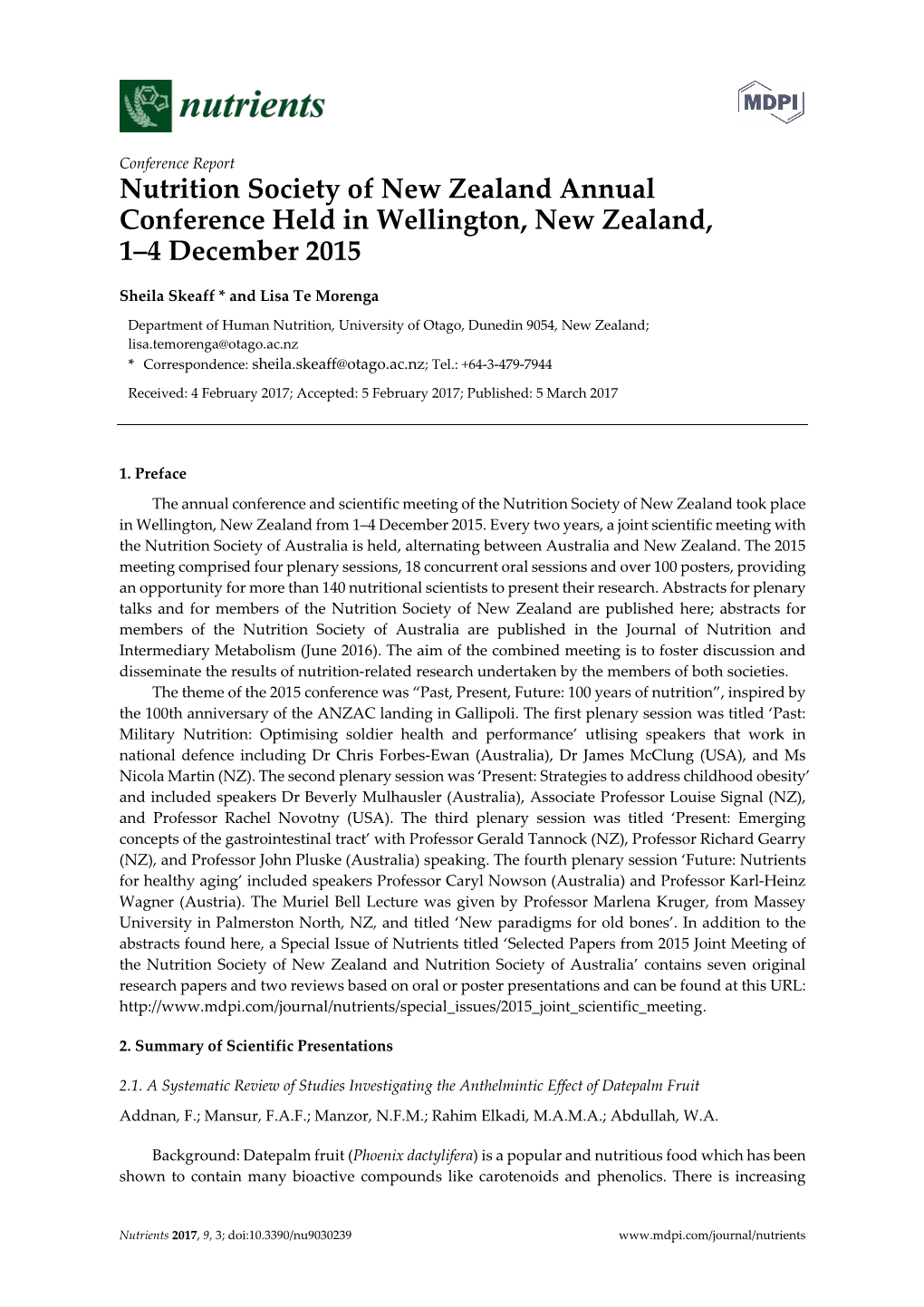 Meeting Report Nutrition Society of New Zealand Annual Conference Held in Wellington