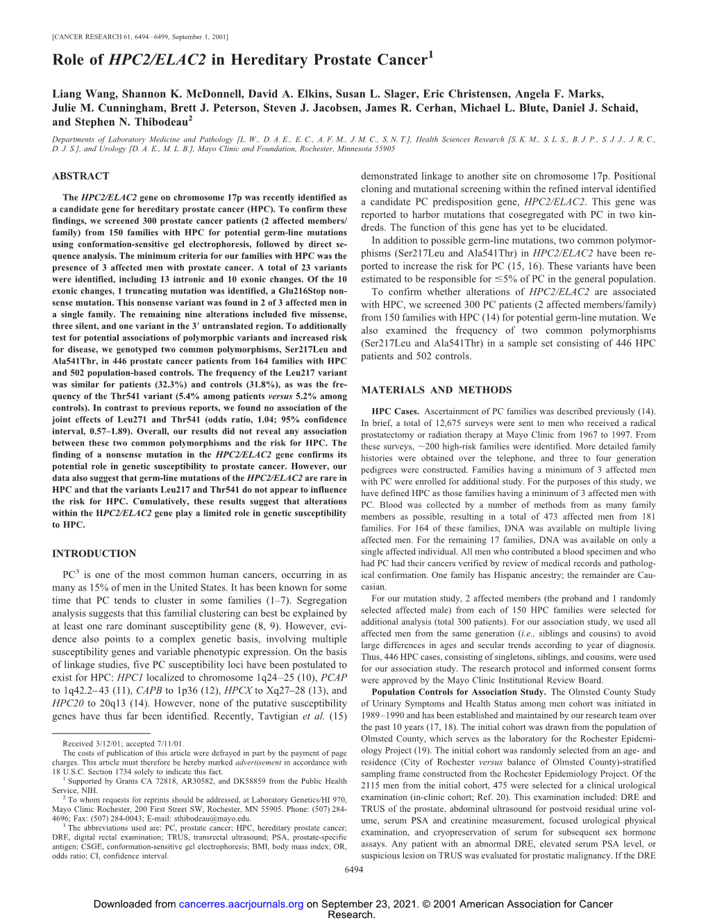 Role of HPC2/ELAC2 in Hereditary Prostate Cancer1