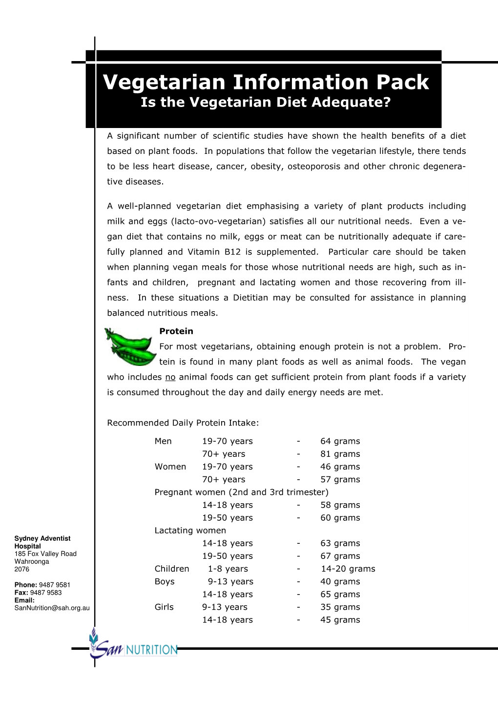 SAH Vegetarian Information Pack