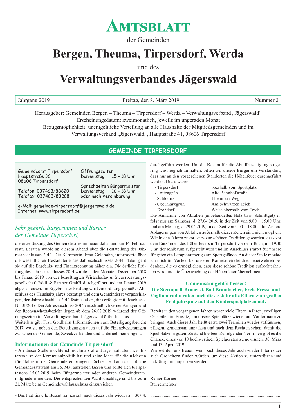 Amtsblatt Der Gemeinden Bergen, Theuma, Tirpersdorf, Werda Und Des Verwaltungsverbandes Jägerswald