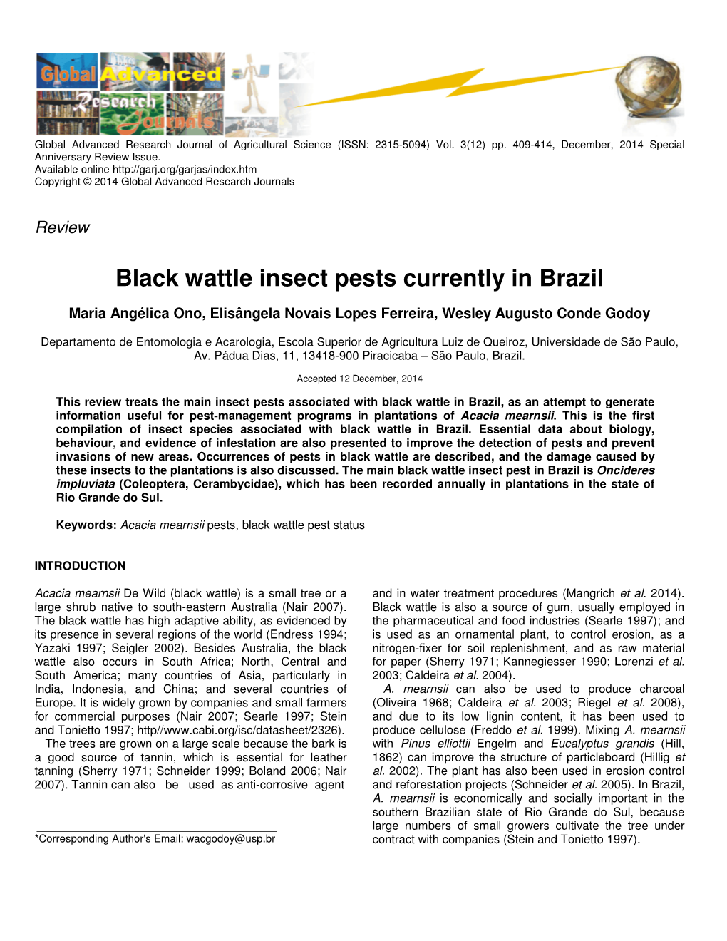 Black Wattle Insect Pests Currently in Brazil
