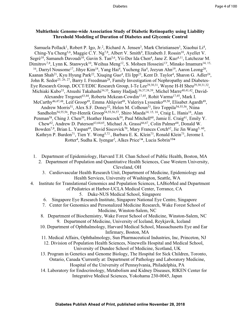 Multiethnic Genome-Wide Association Study of Diabetic Retinopathy Using Liability Threshold Modeling of Duration of Diabetes and Glycemic Control