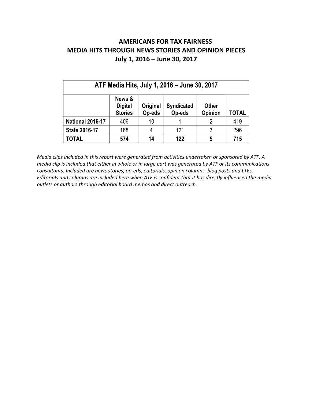 AMERICANS for TAX FAIRNESS MEDIA HITS THROUGH NEWS STORIES and OPINION PIECES July 1, 2016 – June 30, 2017