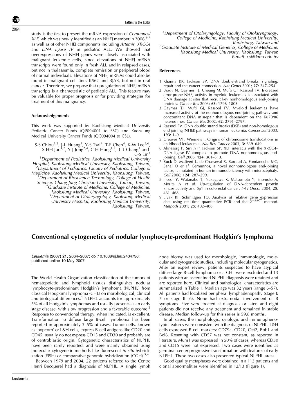 Conventional Cytogenetics of Nodular Lymphocyte-Predominant Hodgkin's