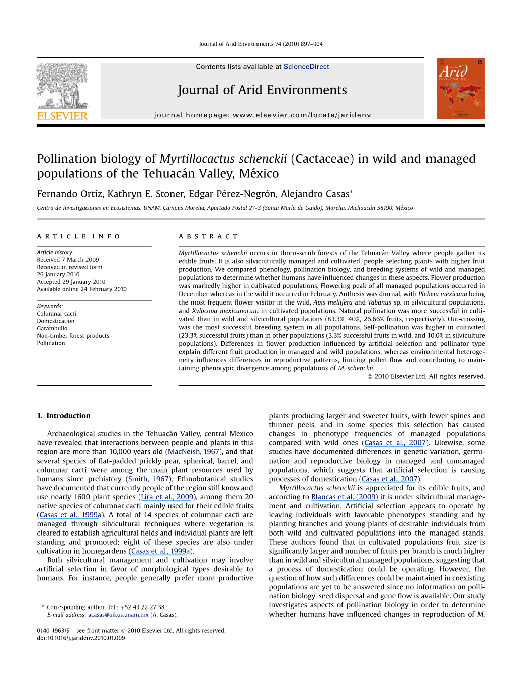 Pollination Biology of Myrtillocactus Schenckii (Cactaceae) in Wild and Managed Populations of the Tehuaca´N Valley, Me´Xico