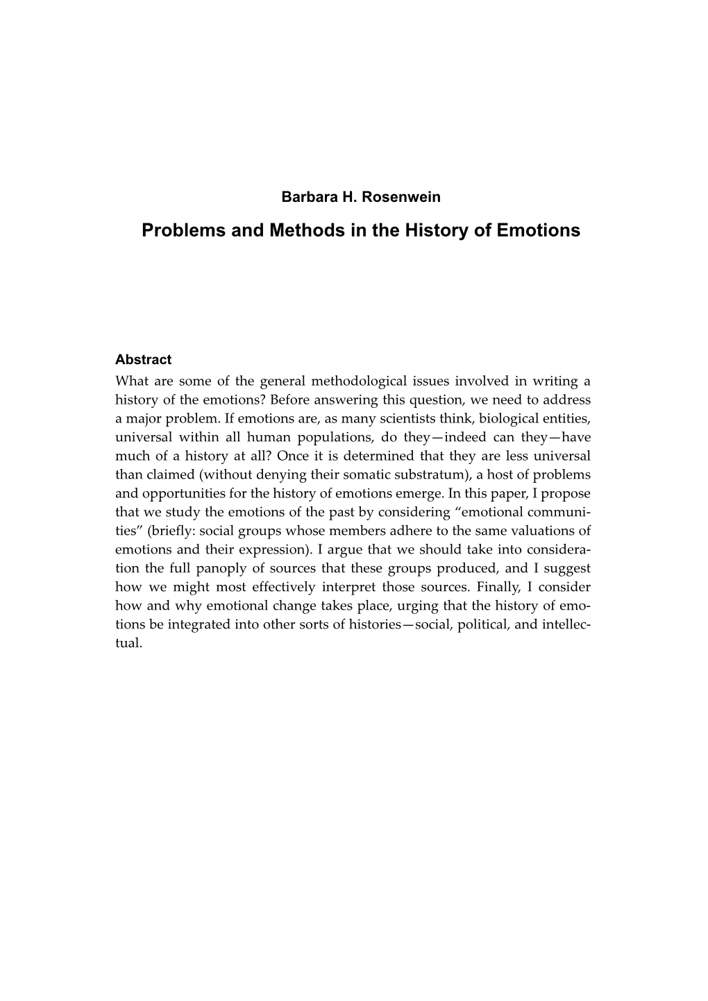 Barbara H. Rosenwein, “Problems and Methods in the History of Emotions,”