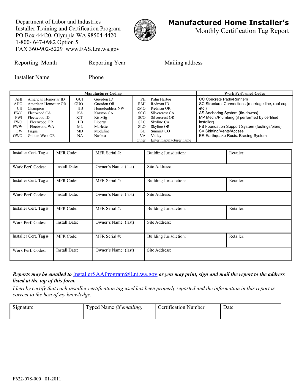 Manufactured Home Installer S Monthly Certification Tag Report