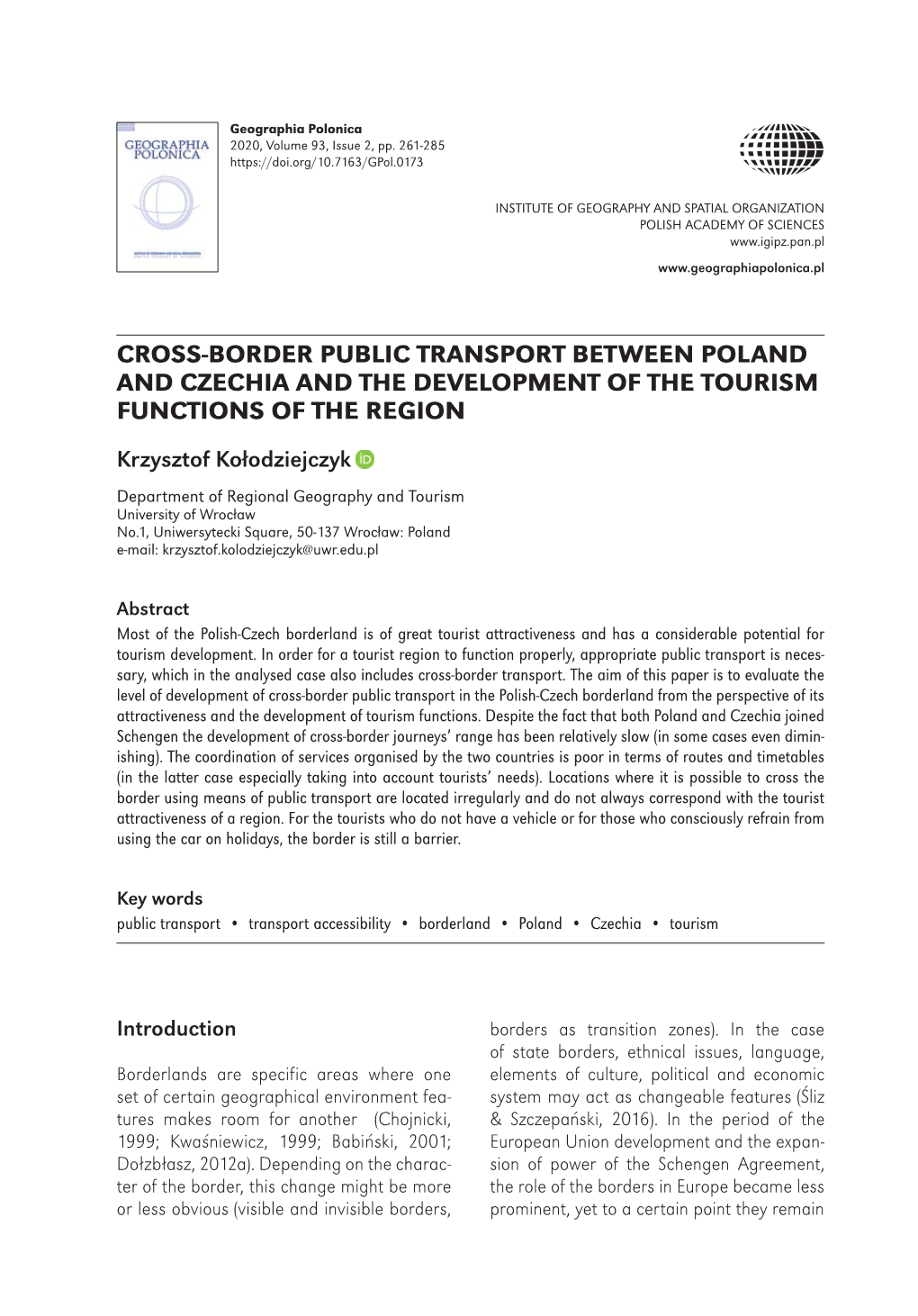 Cross-Border Public Transport Between Poland and Czechia and the Development of the Tourism Functions of the Region