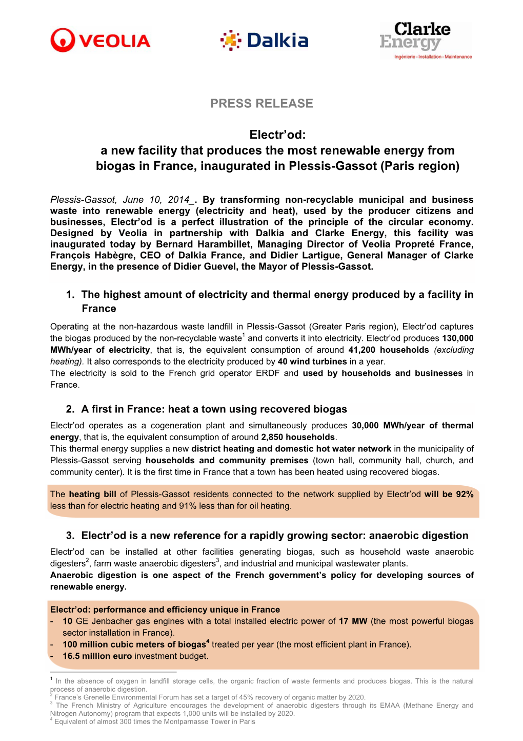 PRESS RELEASE Electr'od: a New Facility That Produces the Most Renewable Energy from Biogas in France, Inaugurated in Plessis
