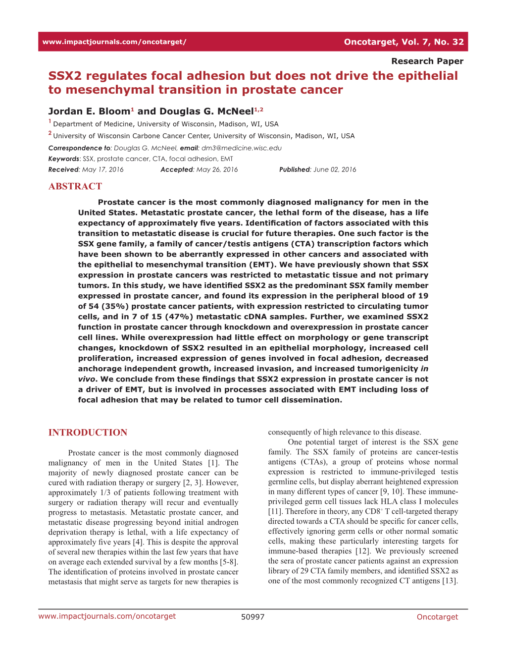 SSX2 Regulates Focal Adhesion but Does Not Drive the Epithelial to Mesenchymal Transition in Prostate Cancer