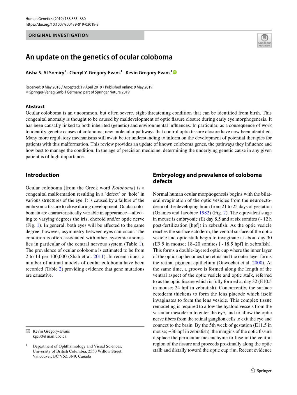 An Update on the Genetics of Ocular Coloboma