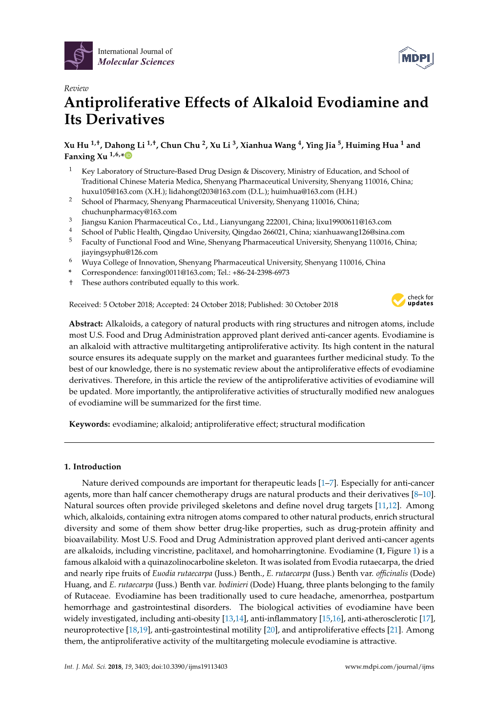 Antiproliferative Effects of Alkaloid Evodiamine and Its Derivatives