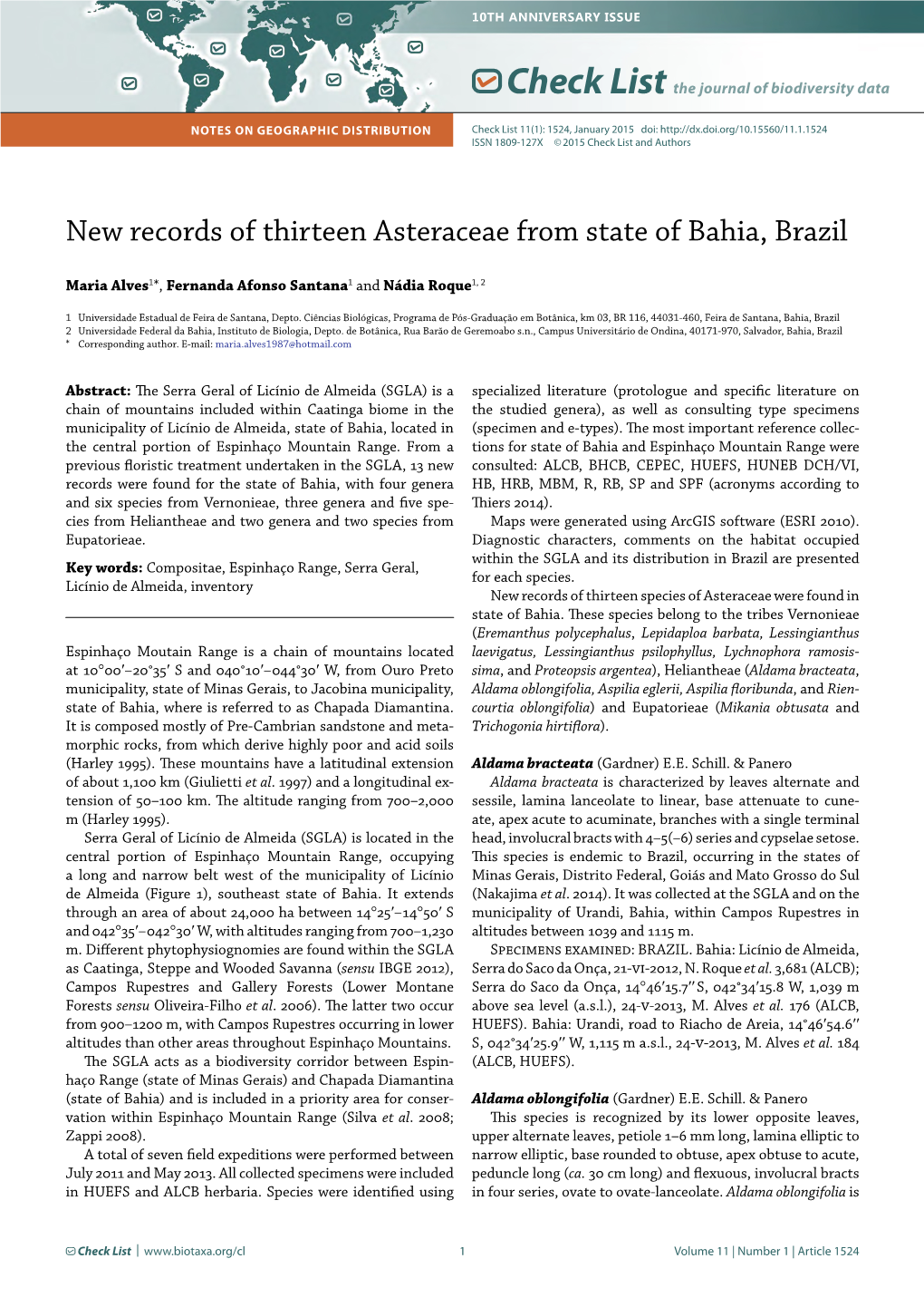 New Records of Thirteen Asteraceae from State of Bahia, Brazil