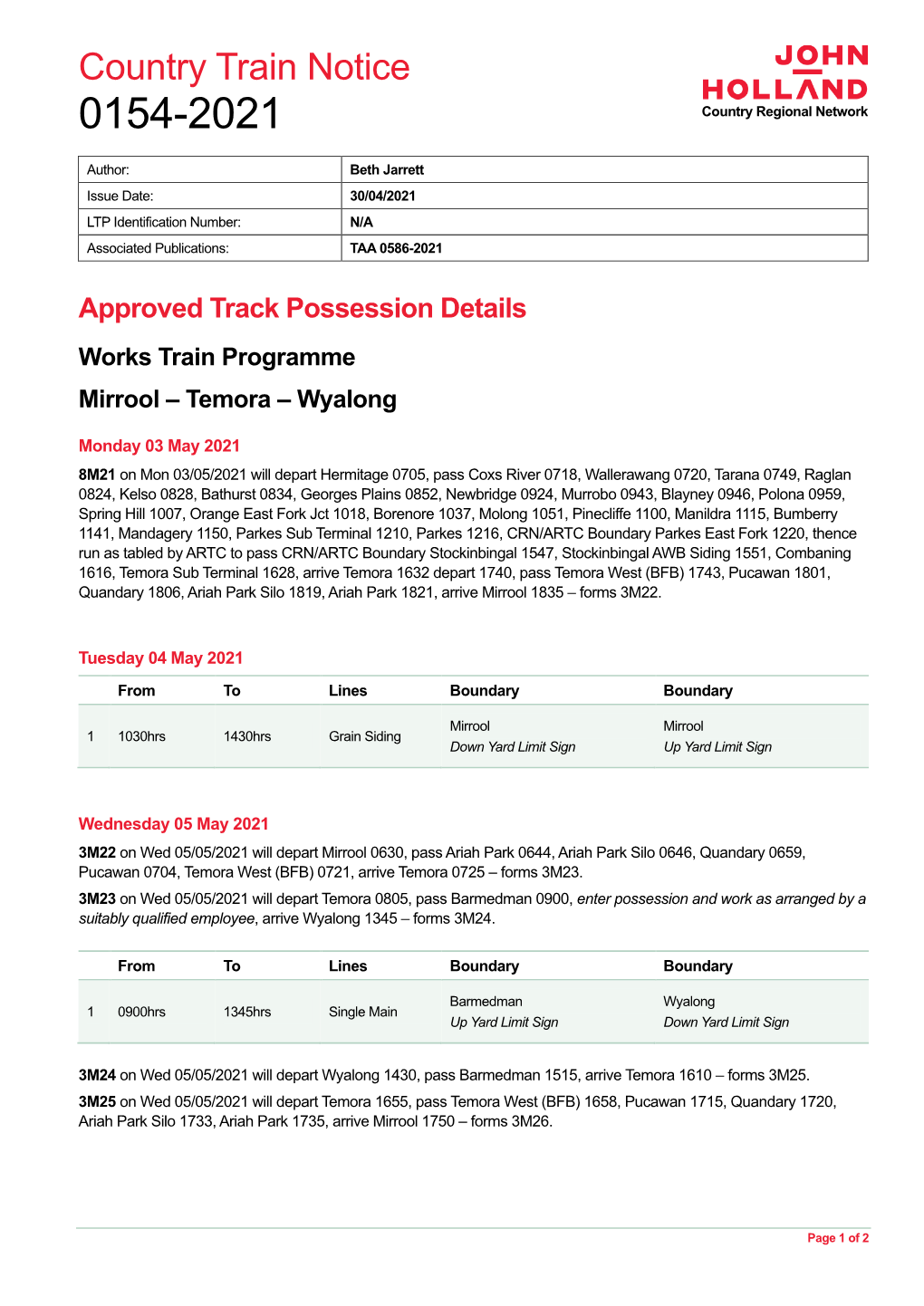 Country Train Notice 0154-2021 Country Regional Network