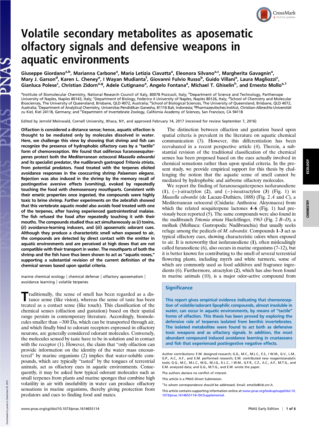 Volatile Secondary Metabolites As Aposematic Olfactory Signals and Defensive Weapons in Aquatic Environments